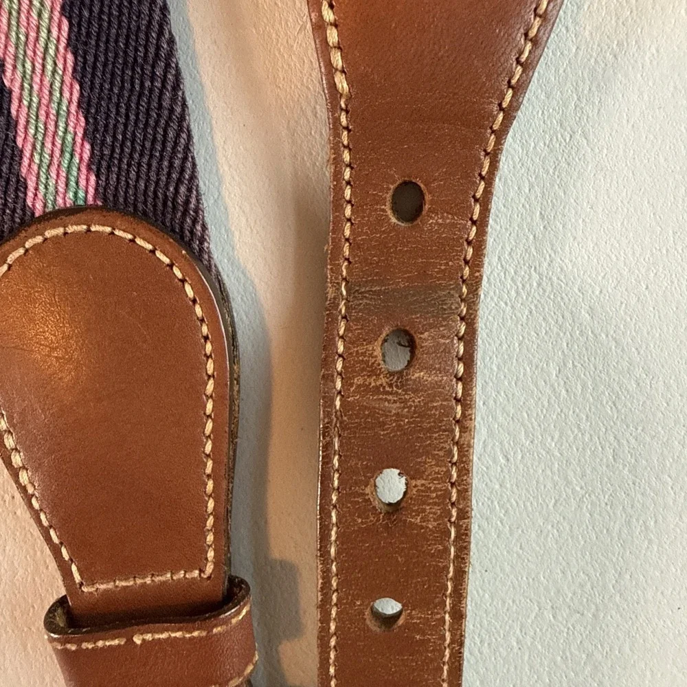 Dooney & Bourke Sz 34 Navy Striped Wool Leather Brass Surcingle Belt Preppy USA